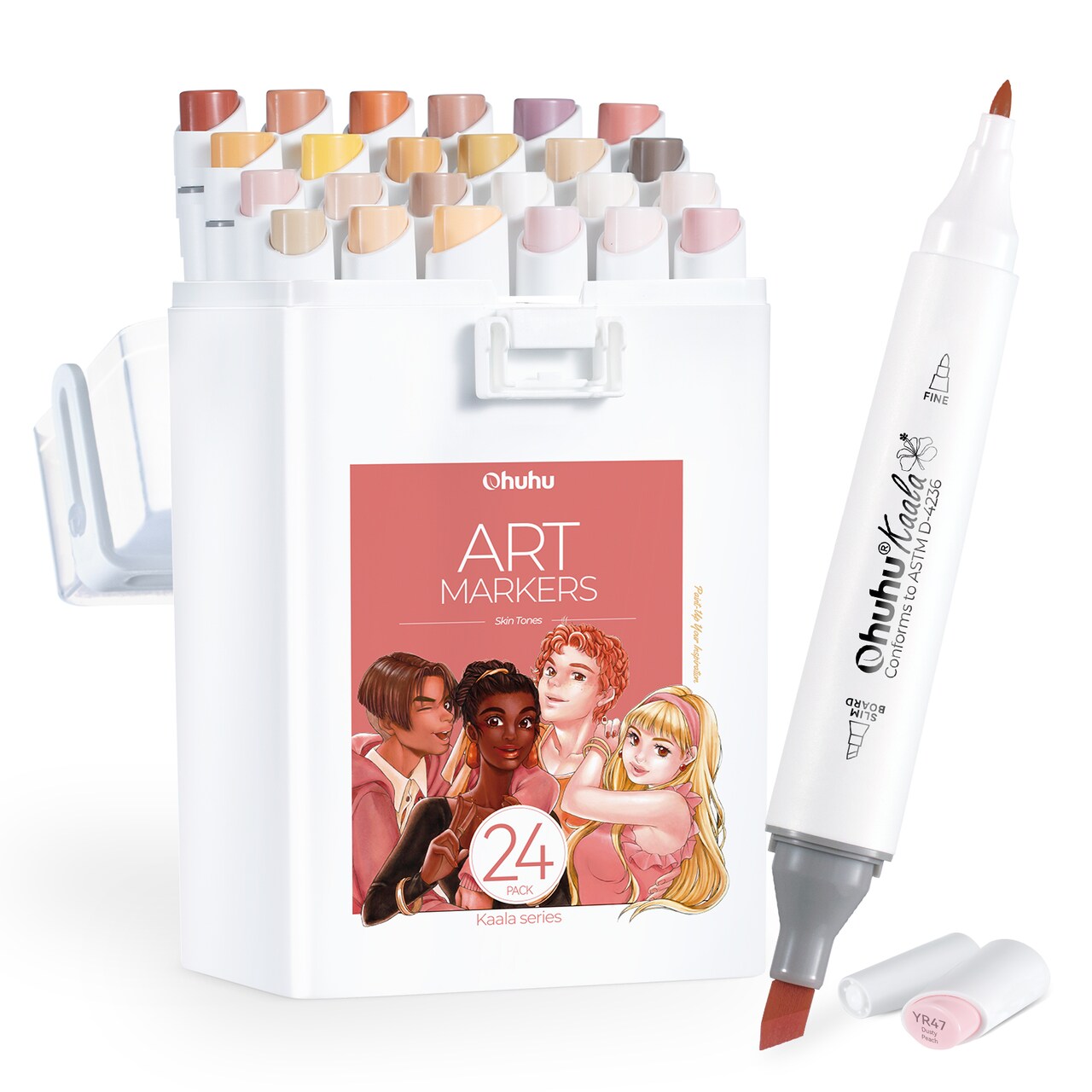 Ohuhu Skin Tone Markers- Slim Broad and Fine Double Tipped Alcohol Marker Set for Artists Adults Coloring Professional Illustration Fashion Design - 24 Portrait Colors - Kaala Markers Ink Refillable